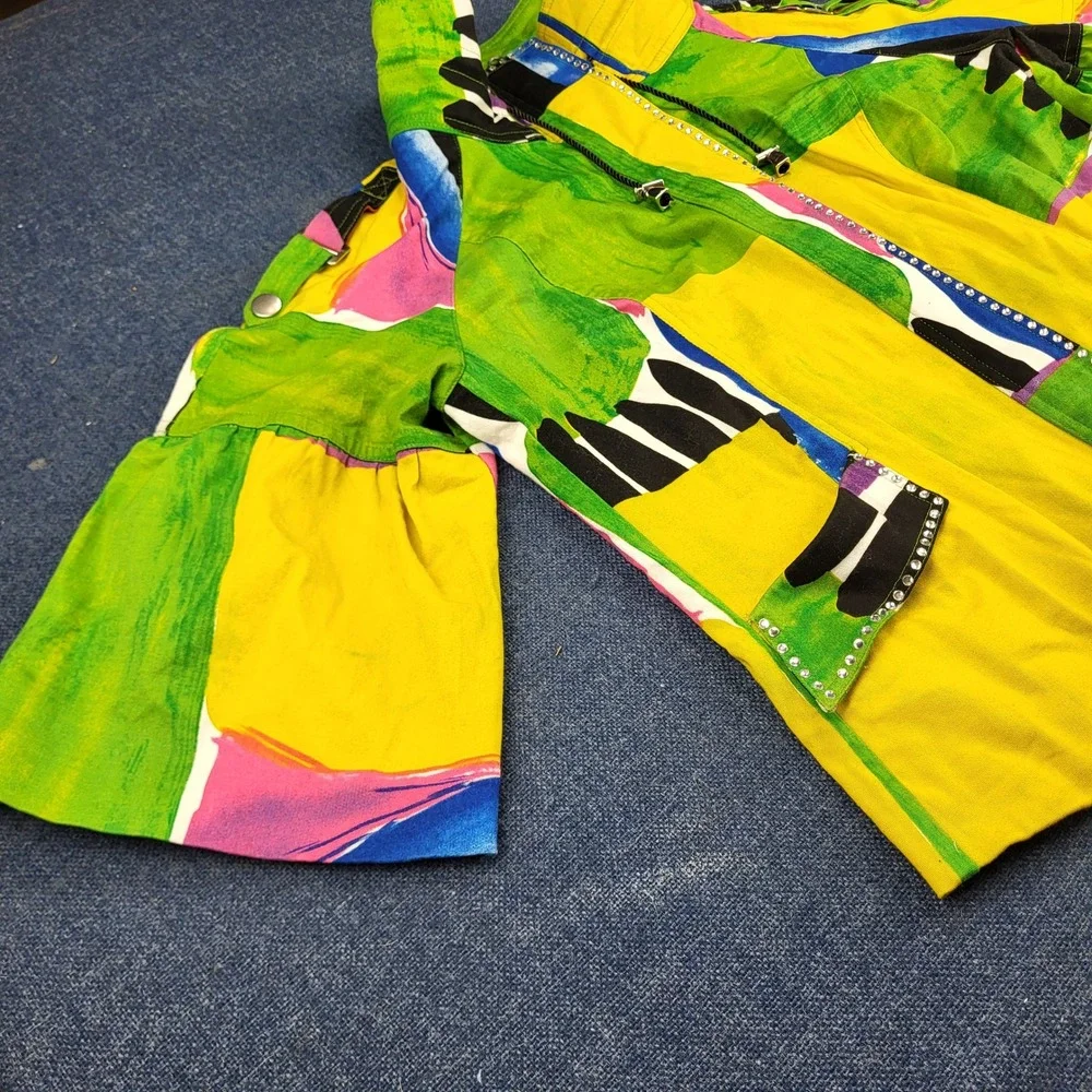 Berek Abstract Art Zip Up Jacket XL Yellow Green Rhinestone Bell Sleeve Cotton